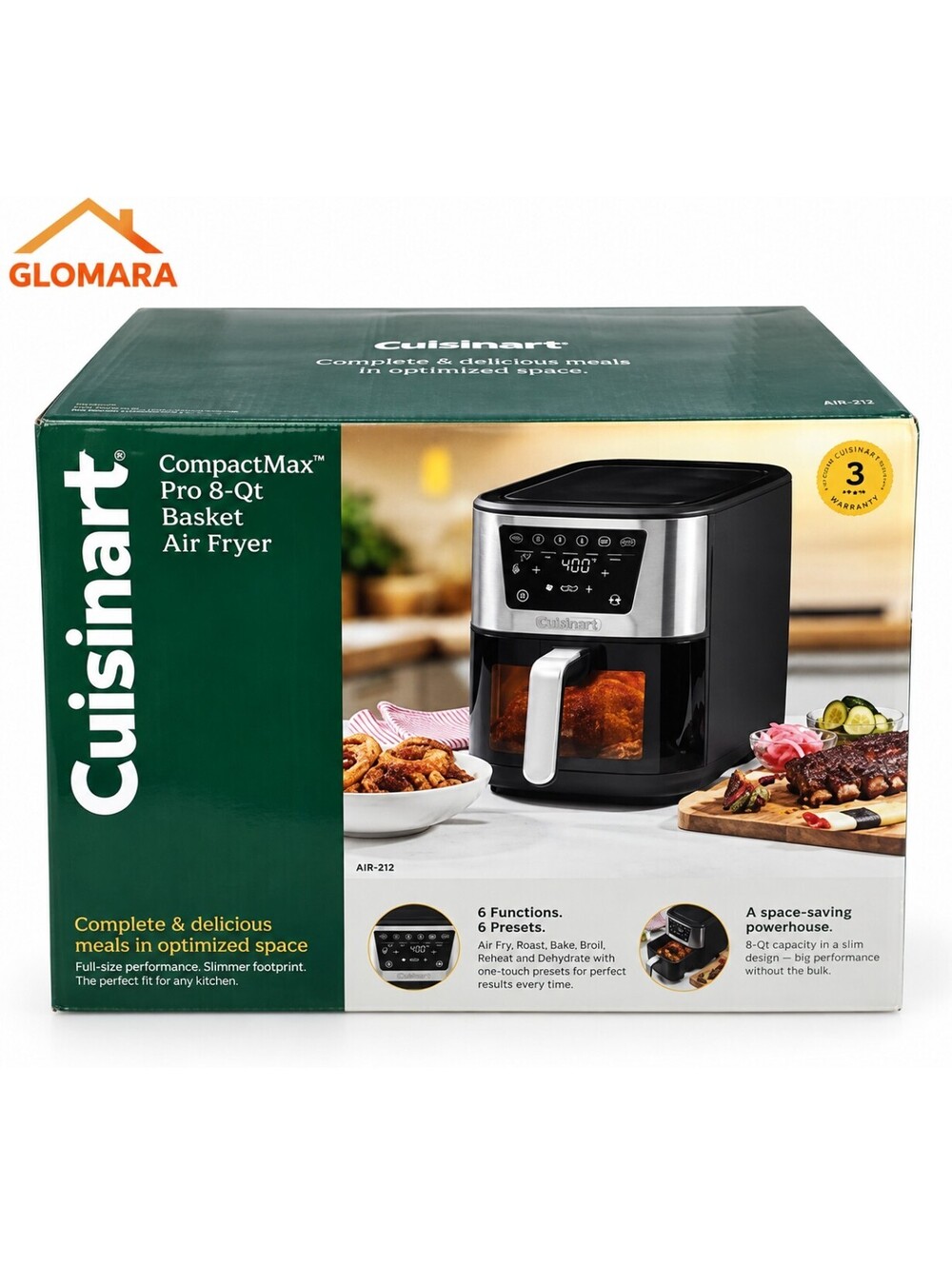 Cuisinart CompactMax Slim Air-212 8-Qt Basket Air Fryer Pro 6-in-1 Touchscreen